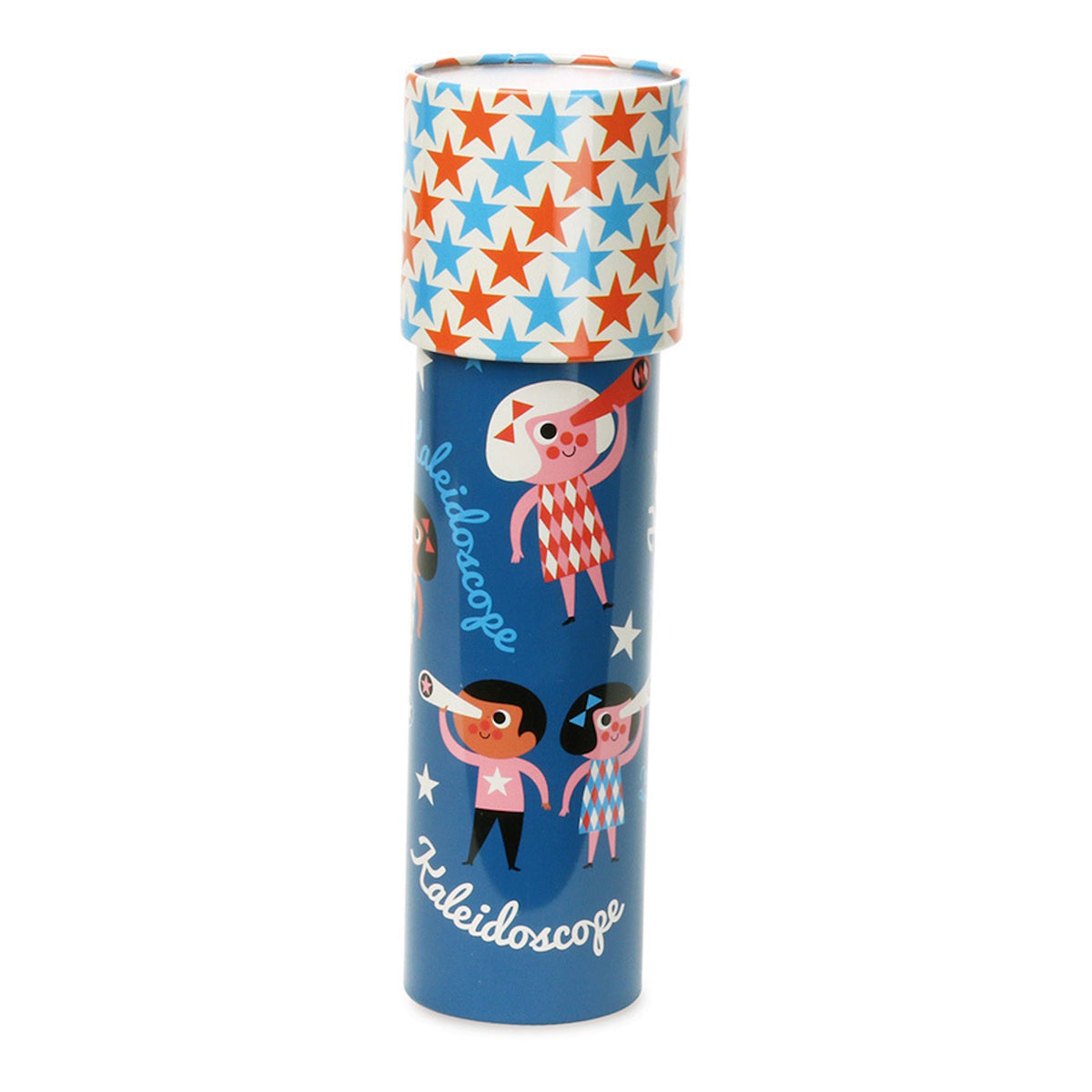 Blue and red metal starry kaleidoscope toy shown standing in a front view.