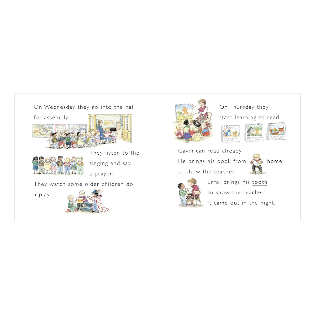 Children's book spread showing diverse students at school assembly and learning to read with their teacher.