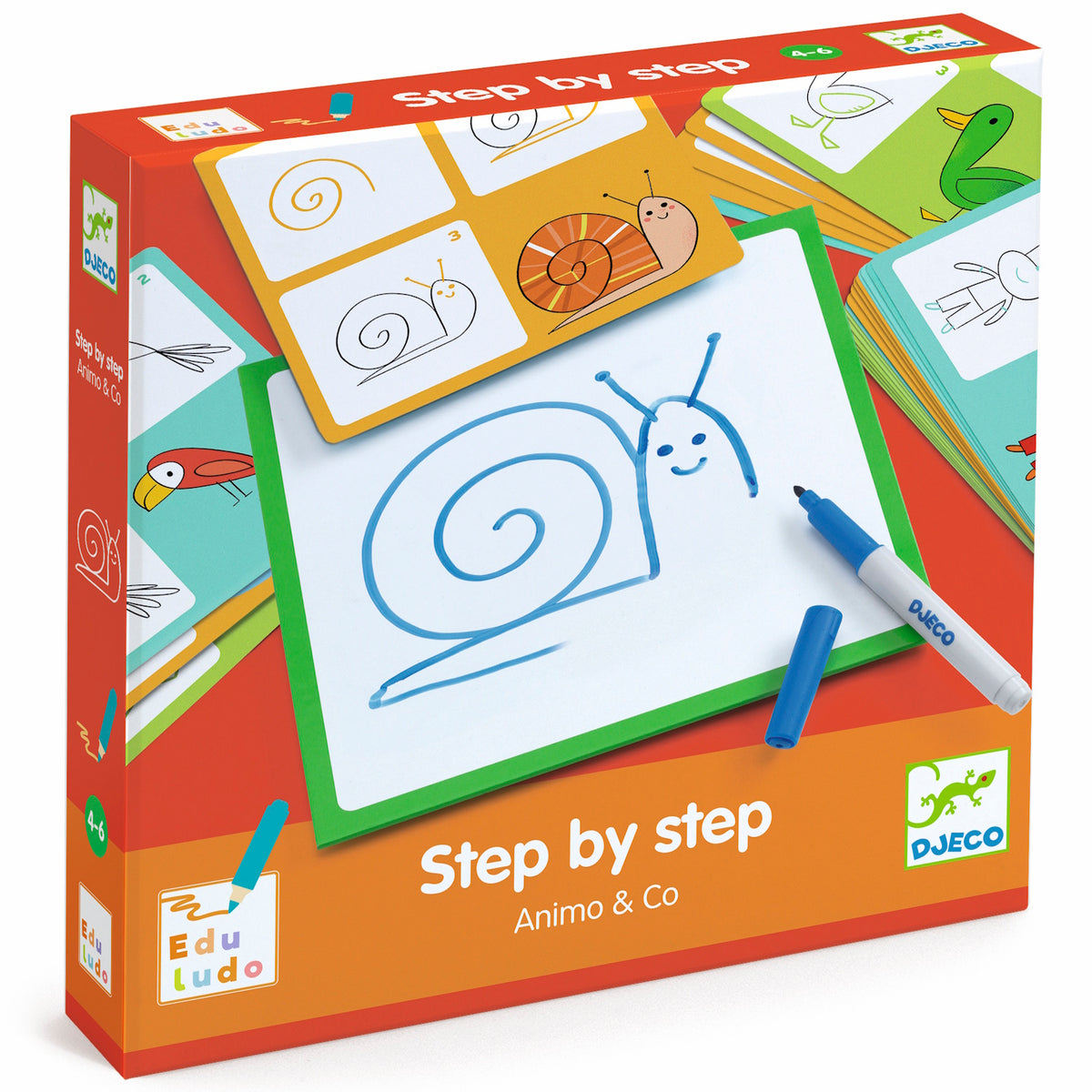 Djeco Eduludo Step by Step Animo & Co drawing kit for kids with whiteboard, marker, and animal template cards.