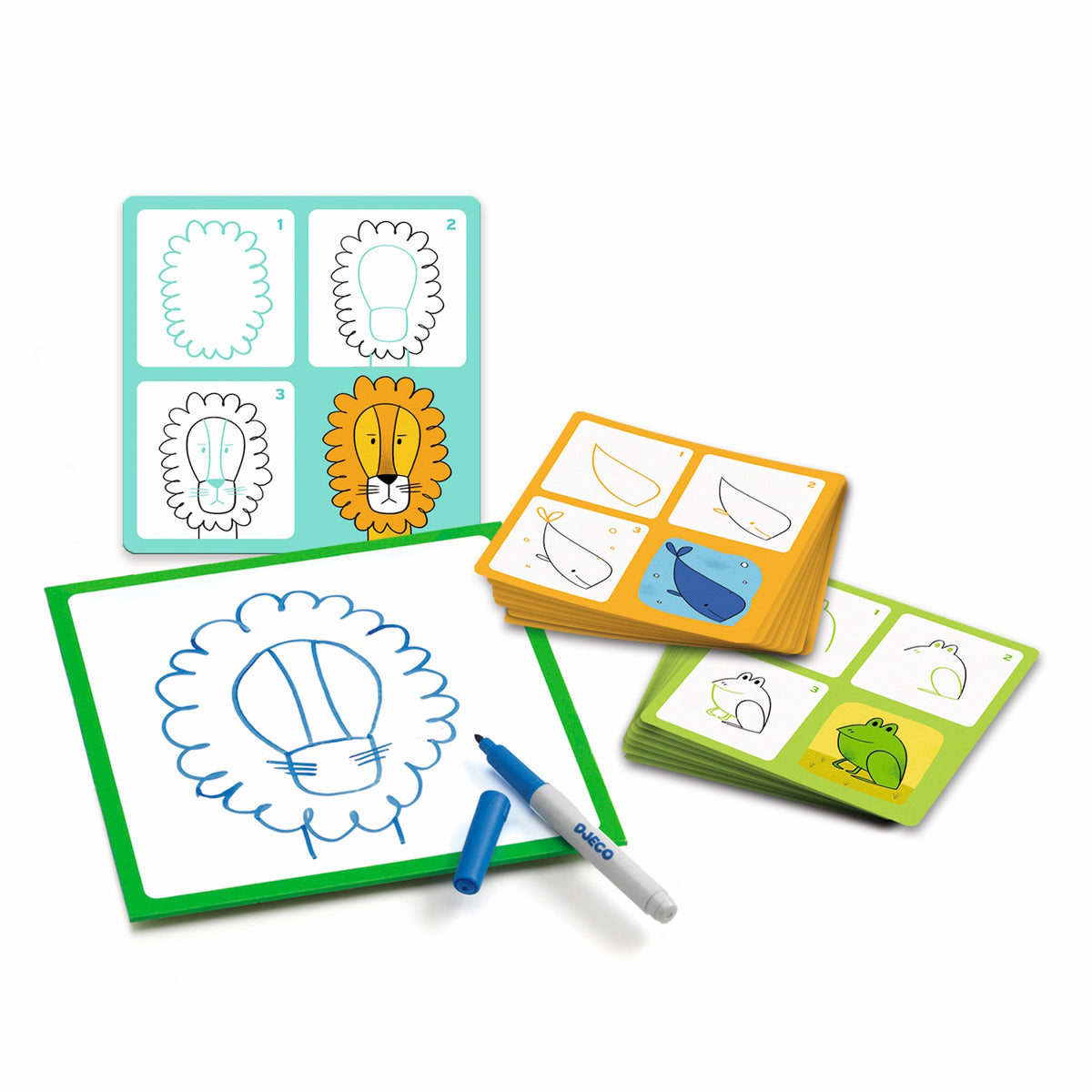 Djeco Step by Step drawing kit for kids with animal cards, whiteboard, and dry erase marker.