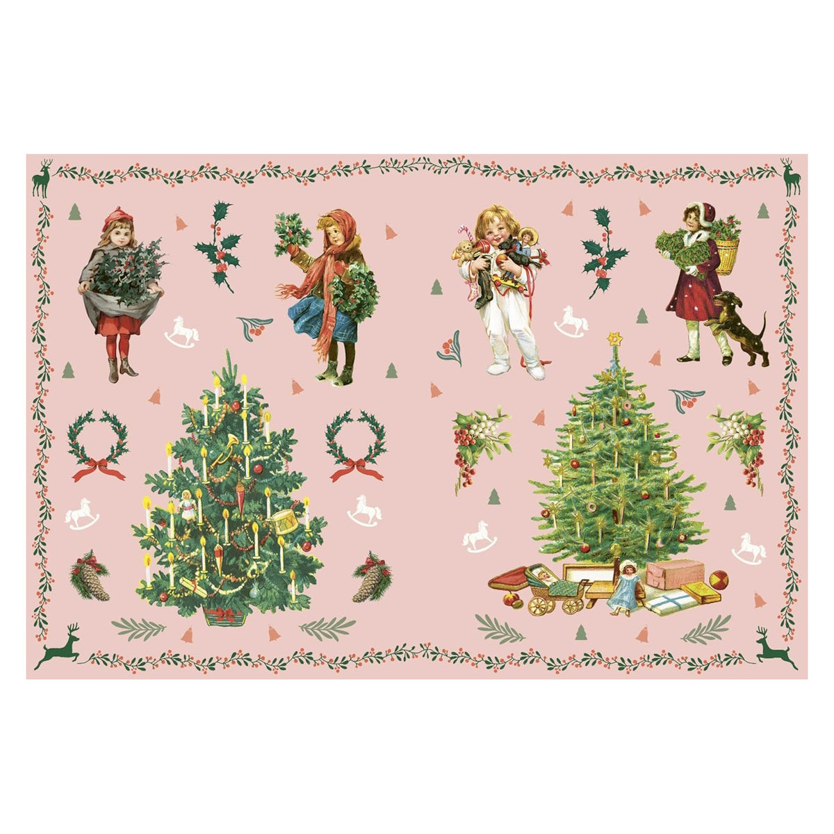 Vintage Christmas sticker sheet on pink background with Victorian children, decorated trees, wreaths, and festive holly.