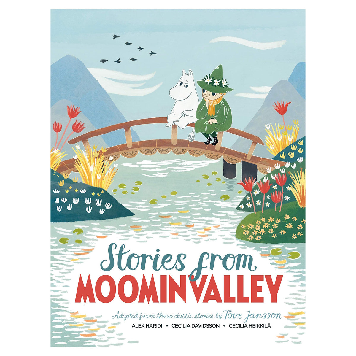Stories from Moominvalley book cover featuring Moomintroll and Snufkin sitting on a bridge over a river.