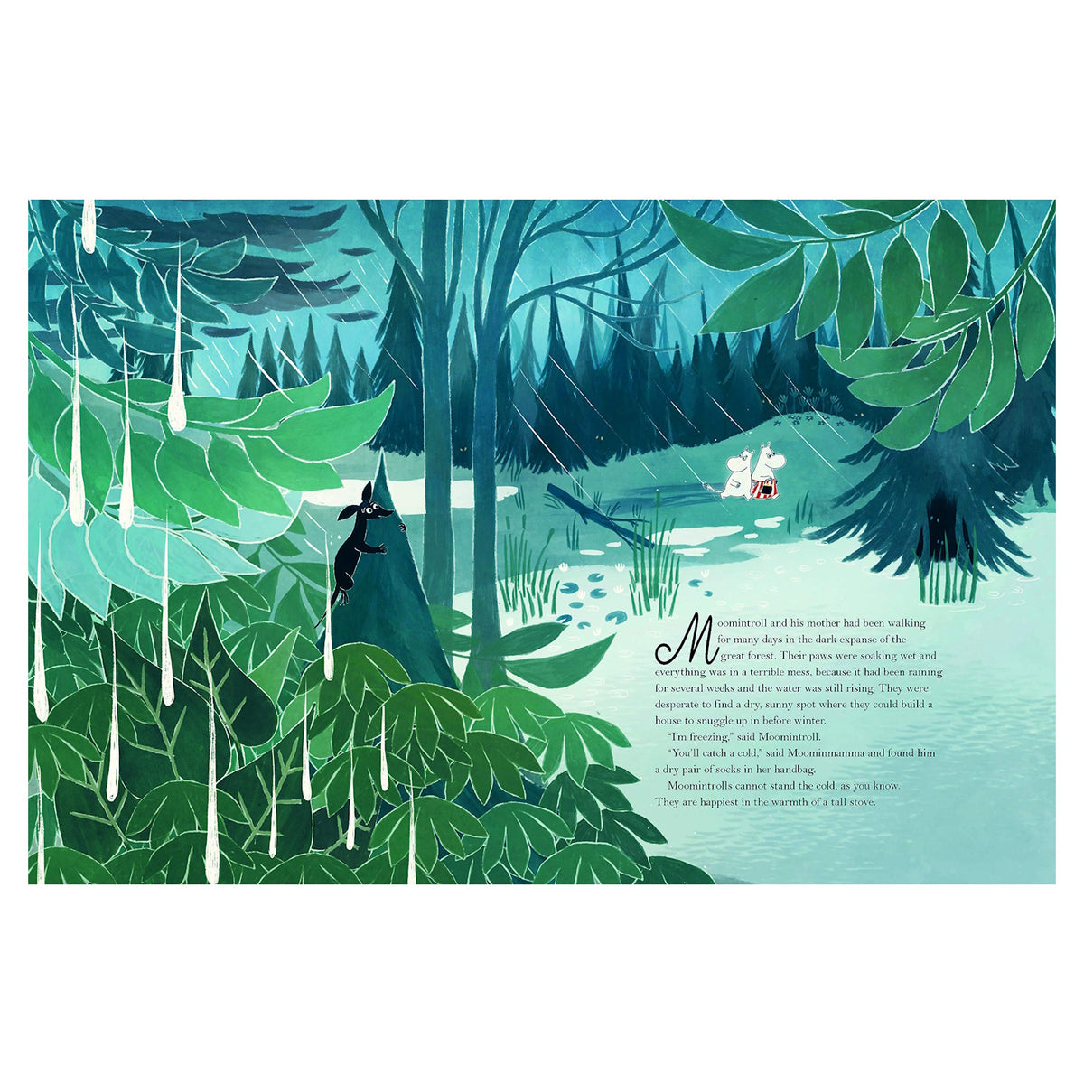 Illustration of Moomintroll and Moominmamma walking through a rainy forest with storybook text.