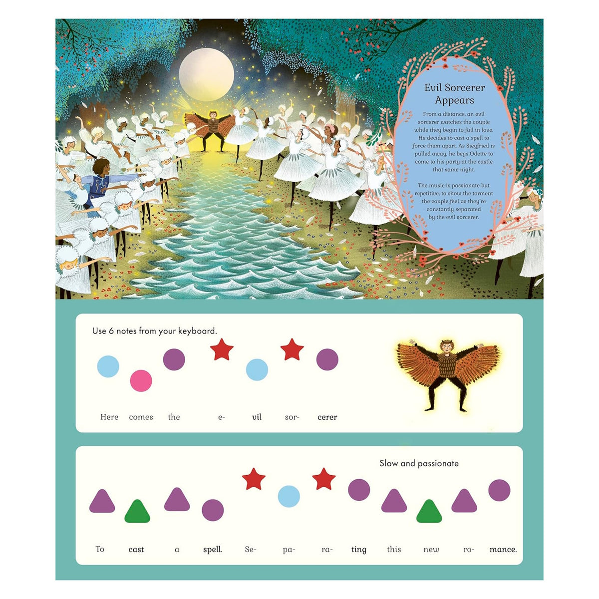 Swan Lake children's book page with "Evil Sorcerer" music notation using colorful shapes and ballet illustrations.