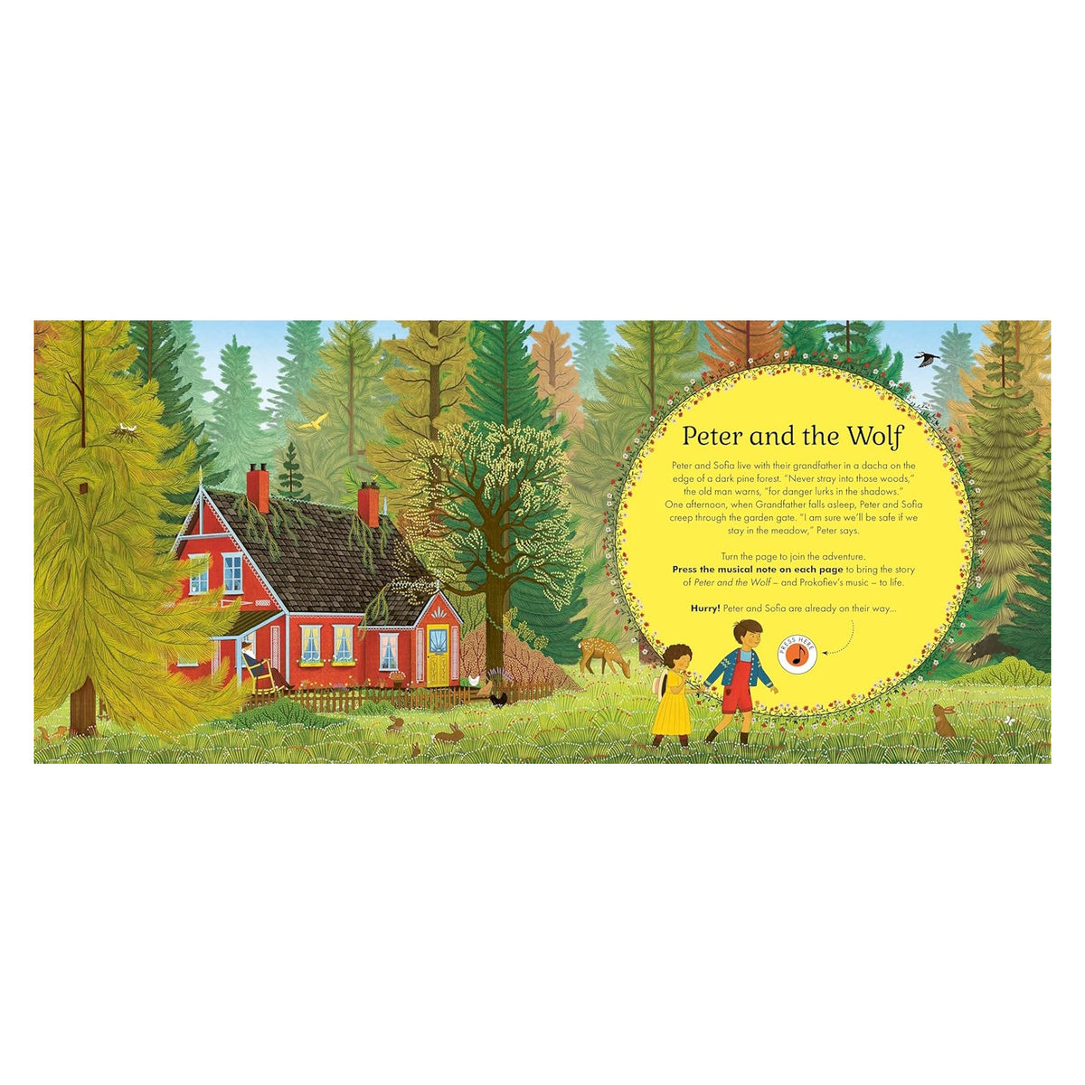 Illustrated children's book page for Peter and the Wolf showing a red cottage, lush forest, and two children in a meadow.