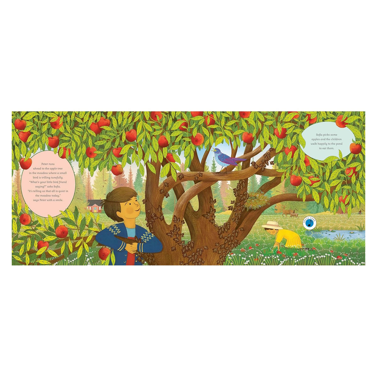 Illustration of Peter and the Wolf: a boy by an apple tree with a bluebird while a girl picks fruit in a meadow.