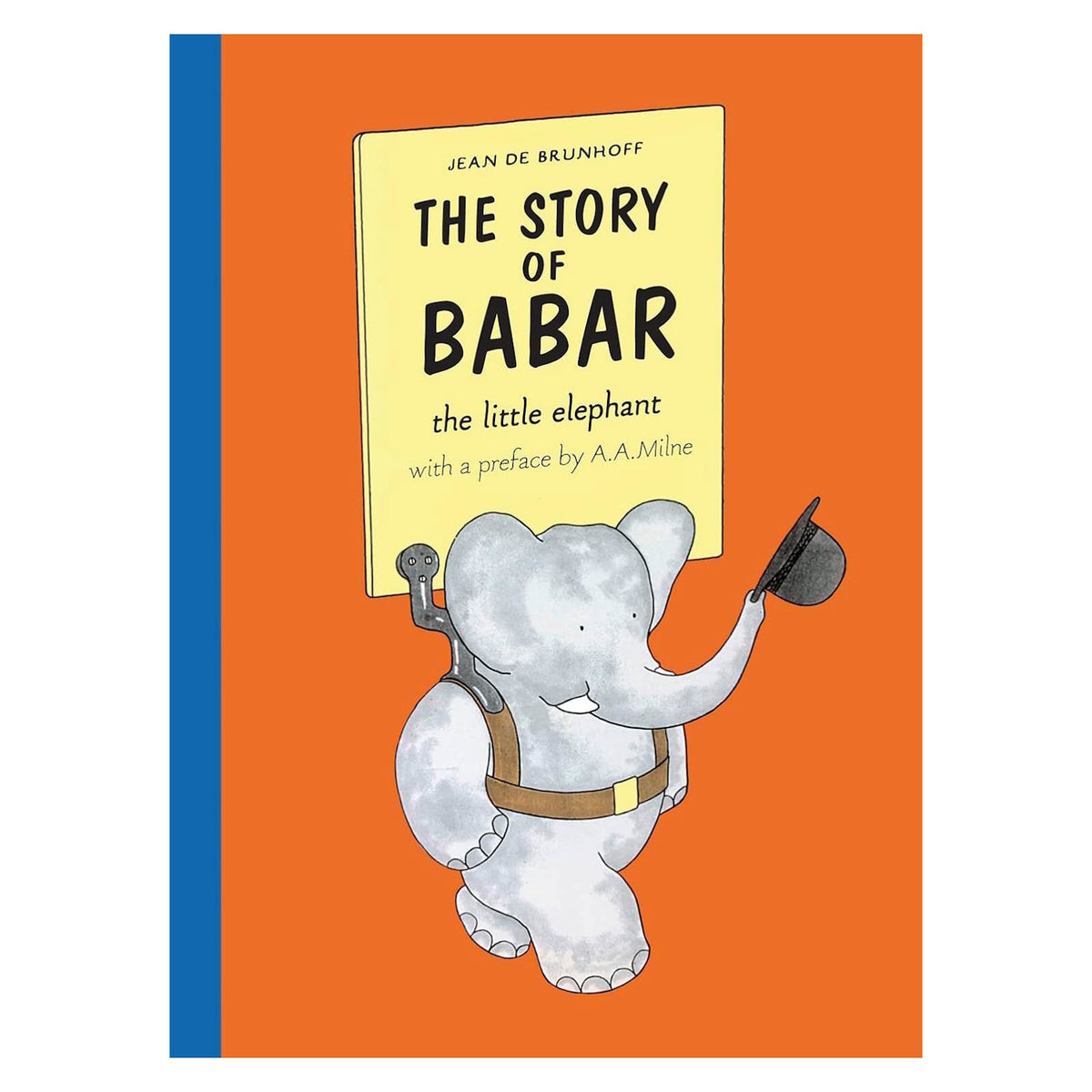 The Story of Babar by Jean de Brunhoff book cover featuring the little elephant holding a bowler hat on an orange background.