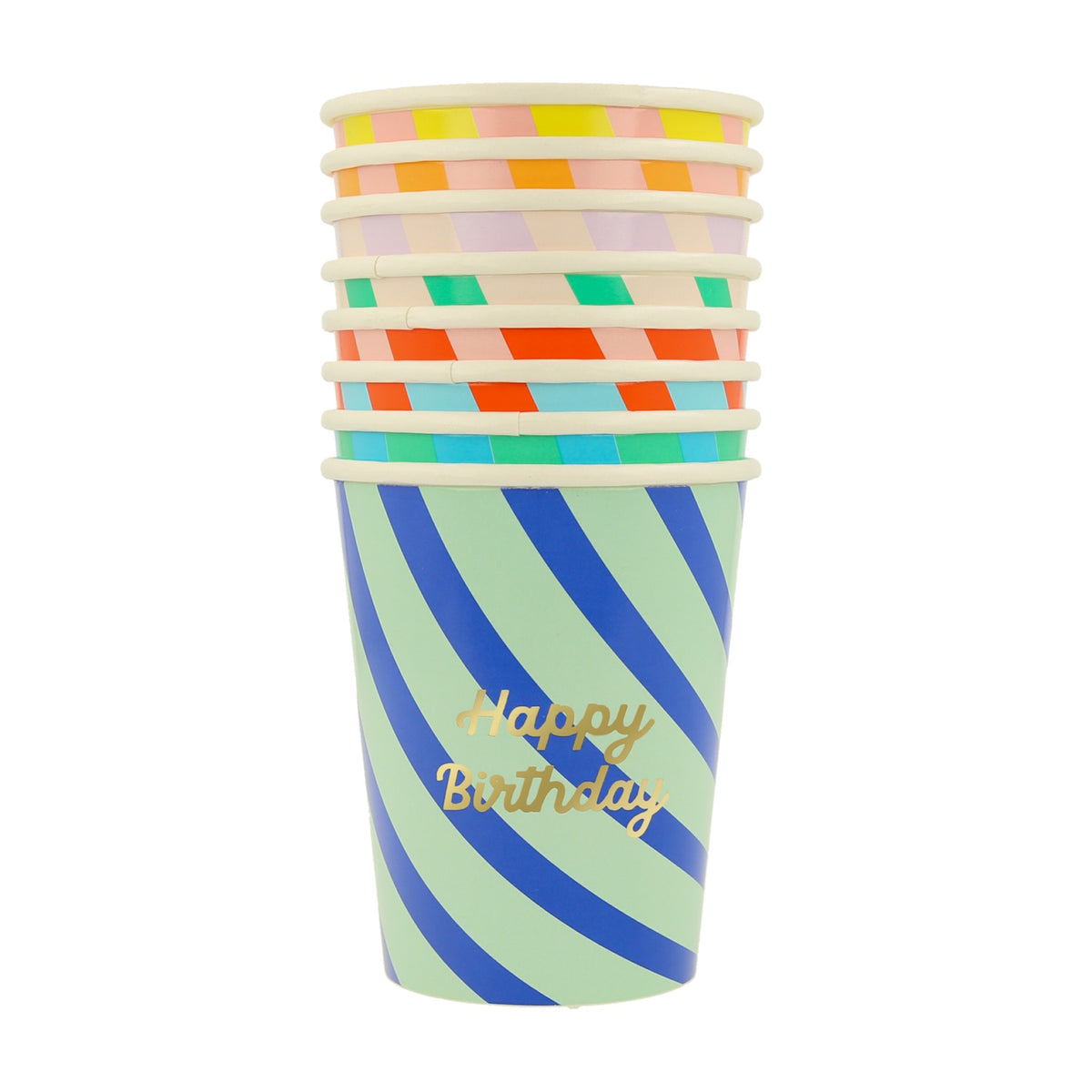 A stack of colorful striped paper cups, with "Happy Birthday" written in gold on the front cup.