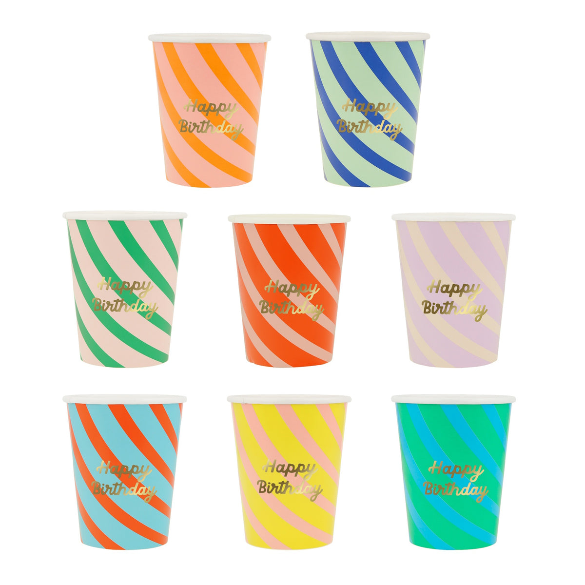 Eight colorful striped paper cups arranged in rows, each with gold script reading Happy Birthday.