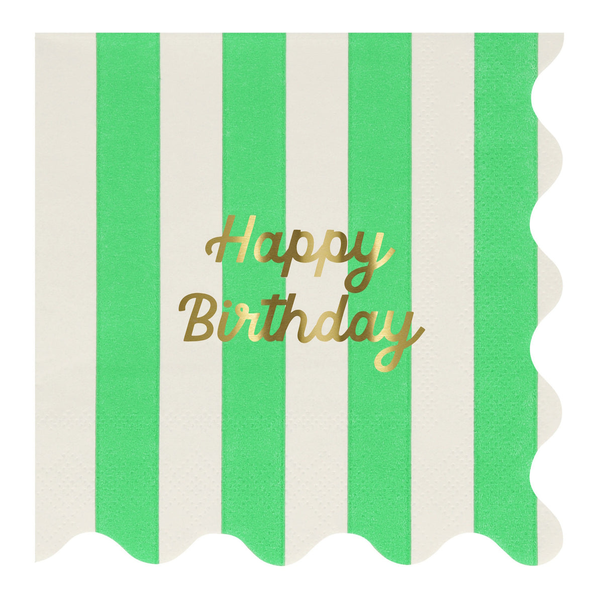 Green and white striped napkin with gold foil "Happy Birthday" text and scalloped edges.