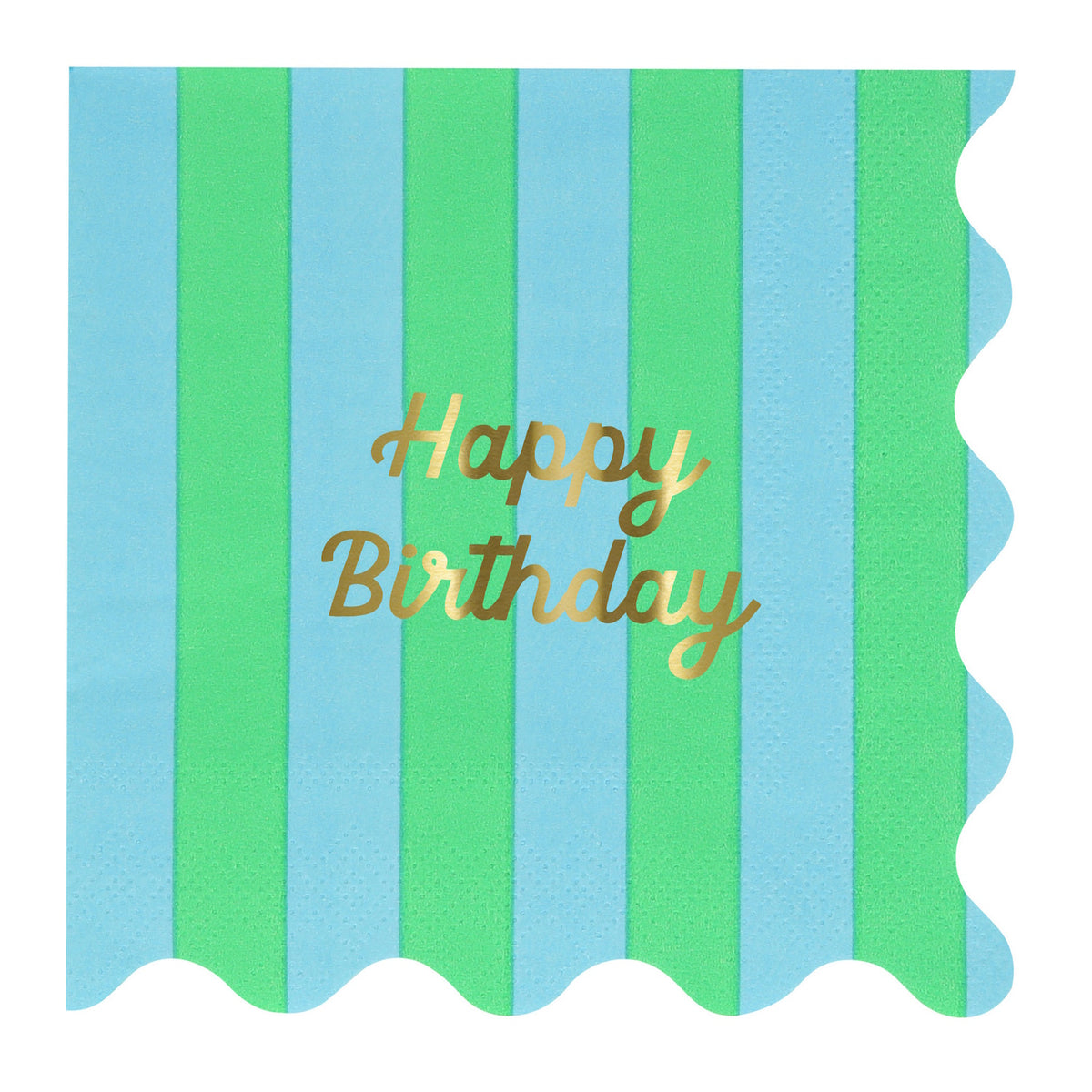 Blue and green striped napkin with gold foil "Happy Birthday" text and scalloped edges.