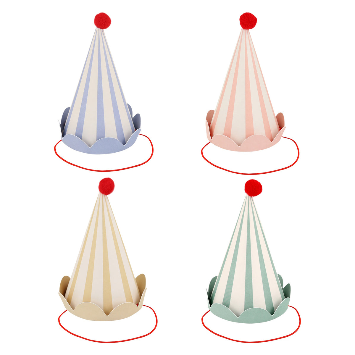 Four striped cone party hats with red pompoms and chin straps in blue, pink, yellow, and green.
