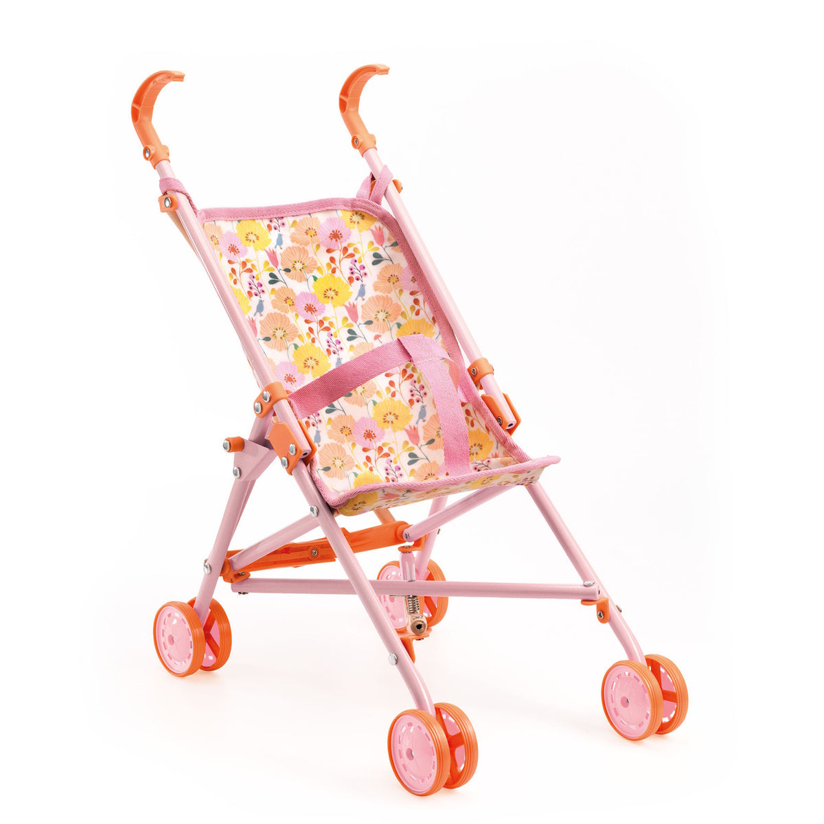 Pink floral doll stroller with a lightweight foldable frame and orange wheels for pretend play.