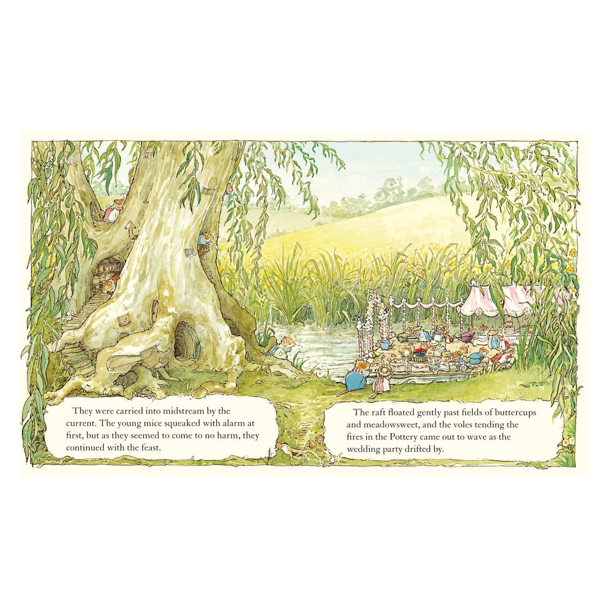 Storybook page showing mice on a decorated raft floating down a river past a large hollow tree.