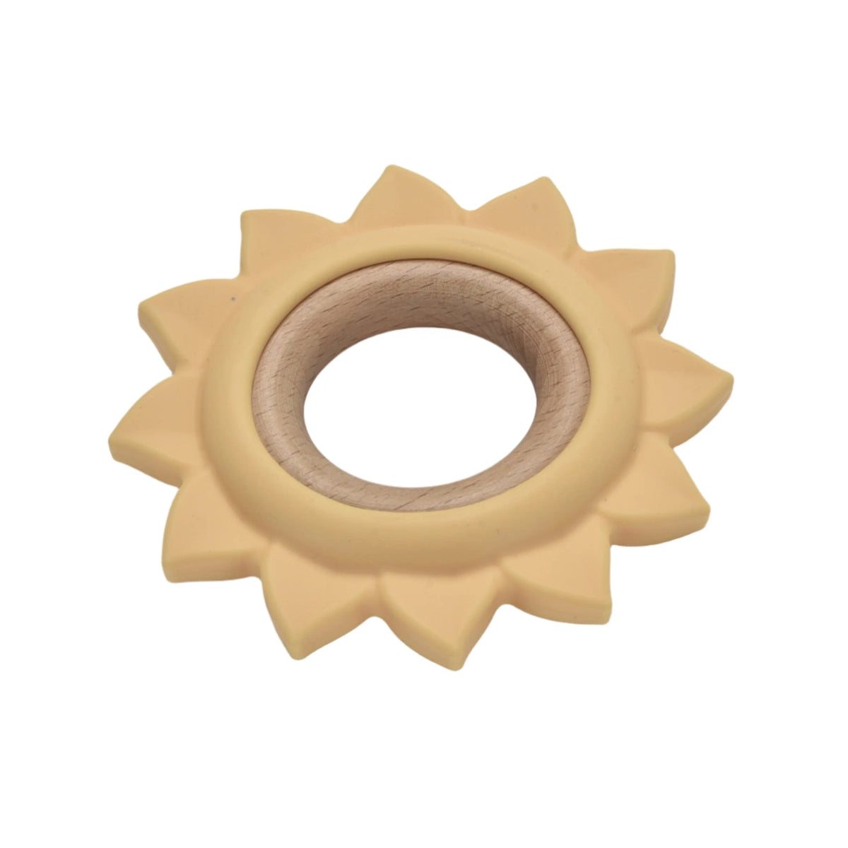 Yellow silicone and wooden baby sun teether ring shown at an angle.