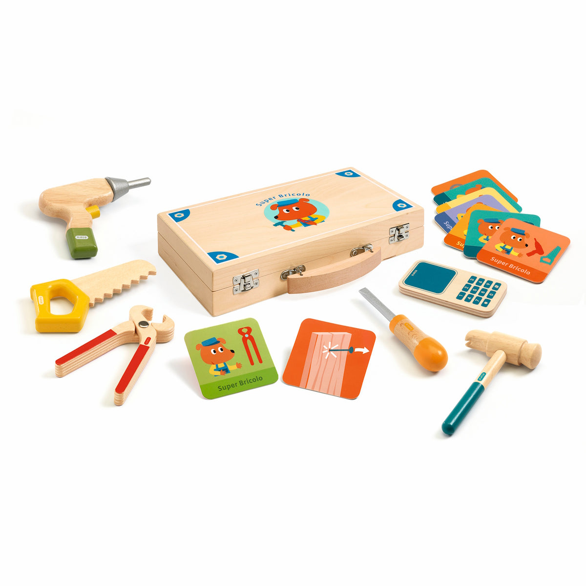 Djeco Super Bricolo wooden tool set for kids with hammer, saw, drill, and carry case for imaginative play.
