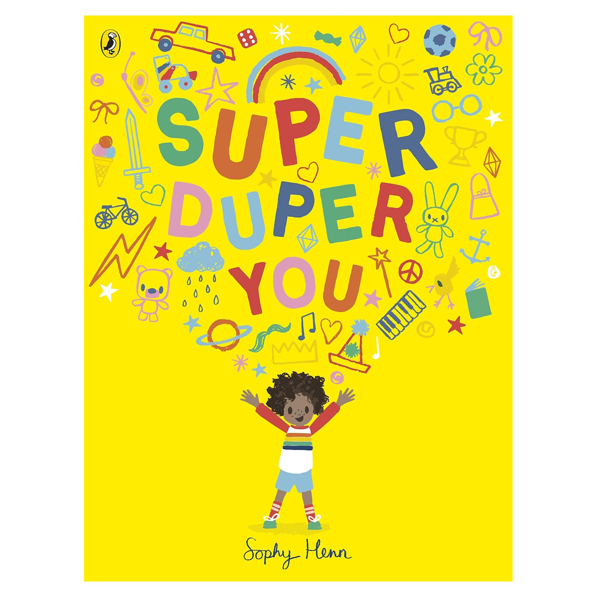 Bright yellow book cover with "Super Duper You" in colorful letters. A joyful child with raised arms stands below, surrounded by cheerful doodles.
