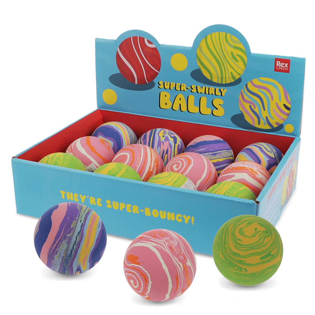 Display box of colorful, marbled "Super-Swirly Balls" bouncy balls on a white background.
