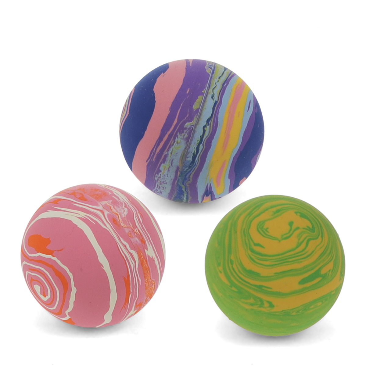 Three vibrant, marble-swirled rubber bouncy balls in purple, pink, and green against a white background.