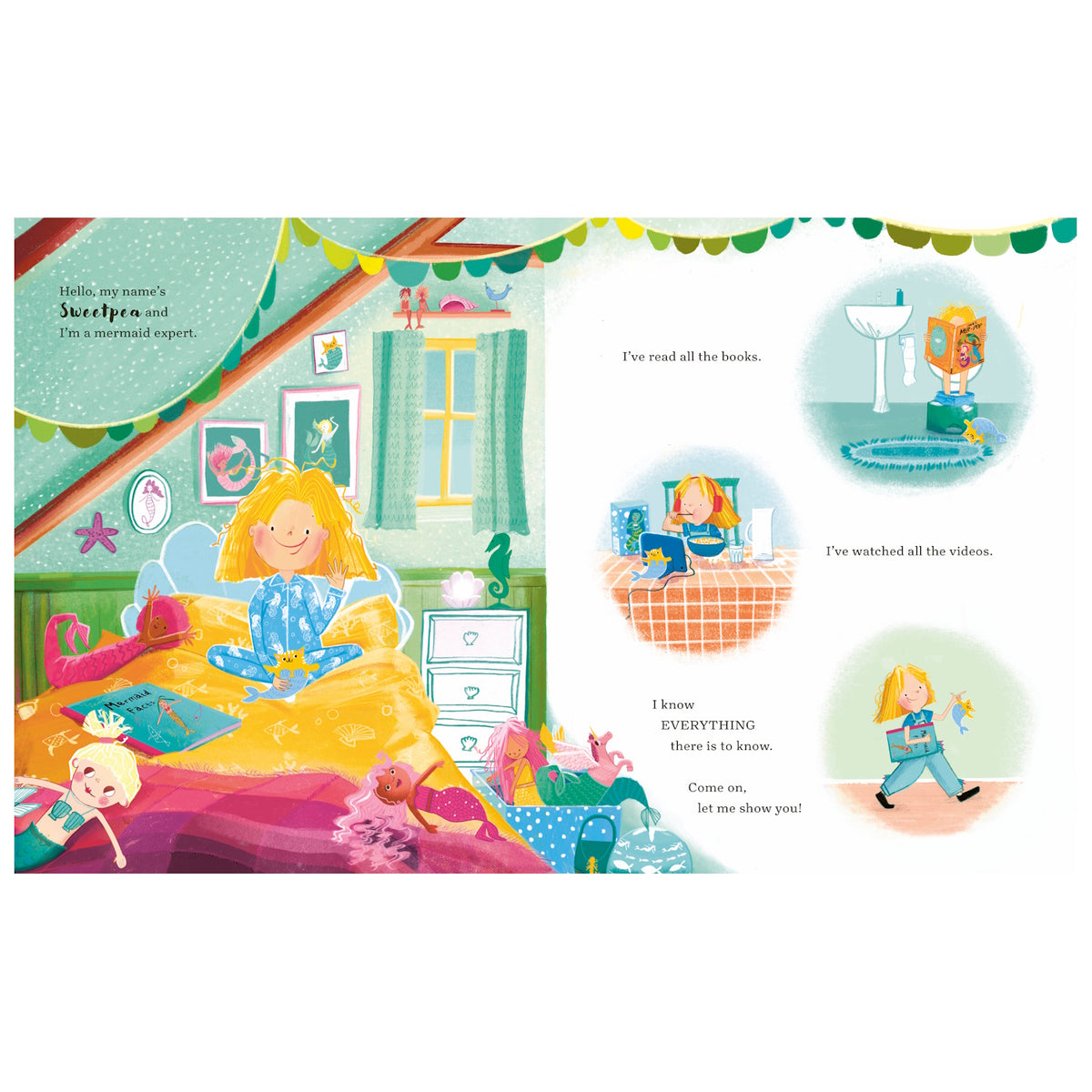 Illustrated children's book spread featuring a young blonde girl in her mermaid-themed bedroom.