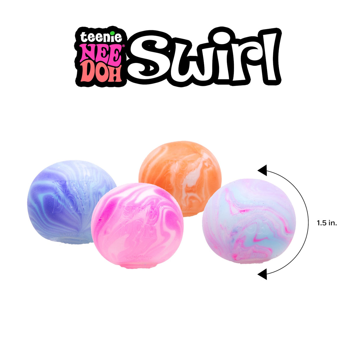 Teenie NeeDoh Swirl fidget balls in purple, pink, orange, and blue marble patterns, measuring 1.5 inches.