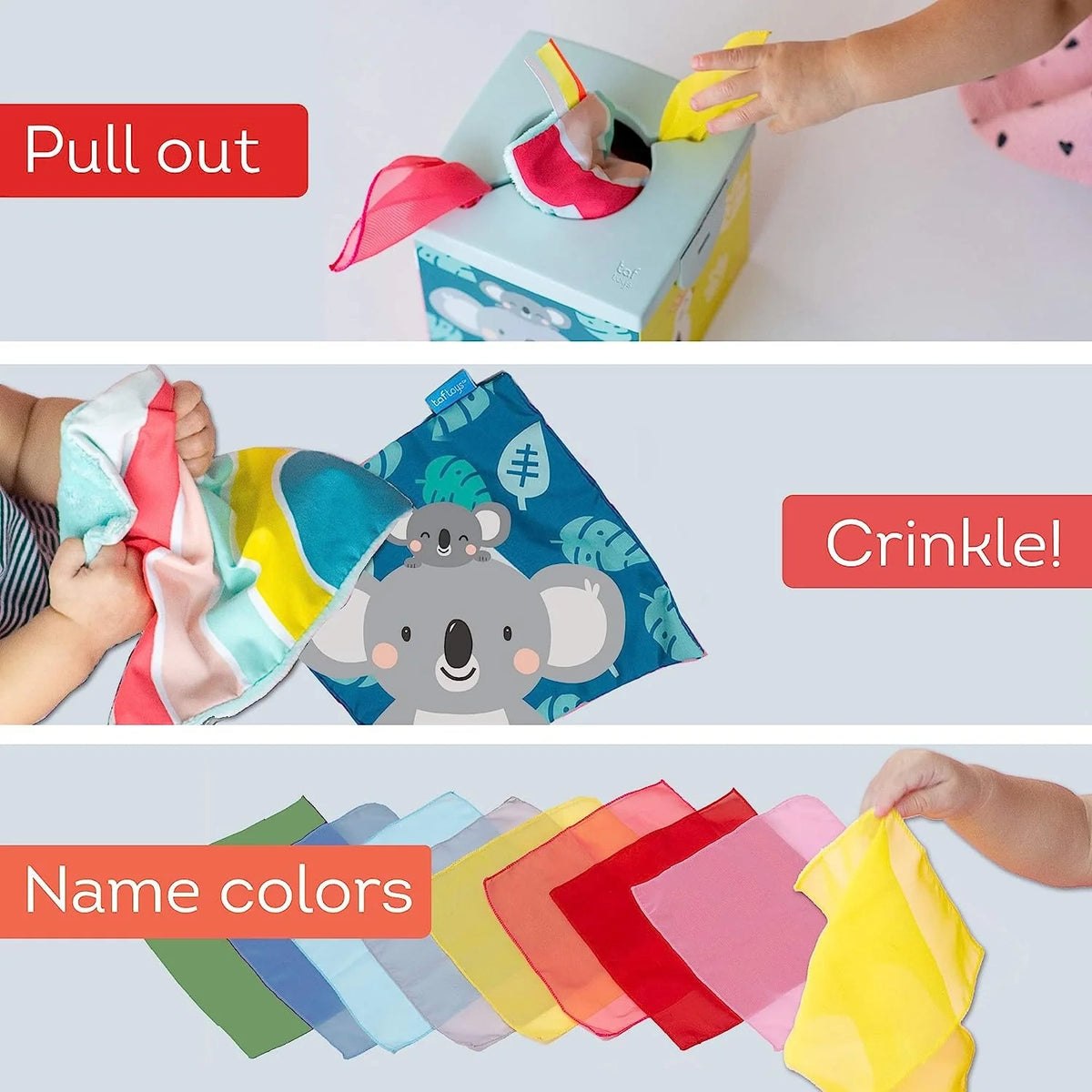 Infographic showing play options for Taf Toys Kimmy Koala Wonder Tissue Box: pull out, crinkle, and name colors.