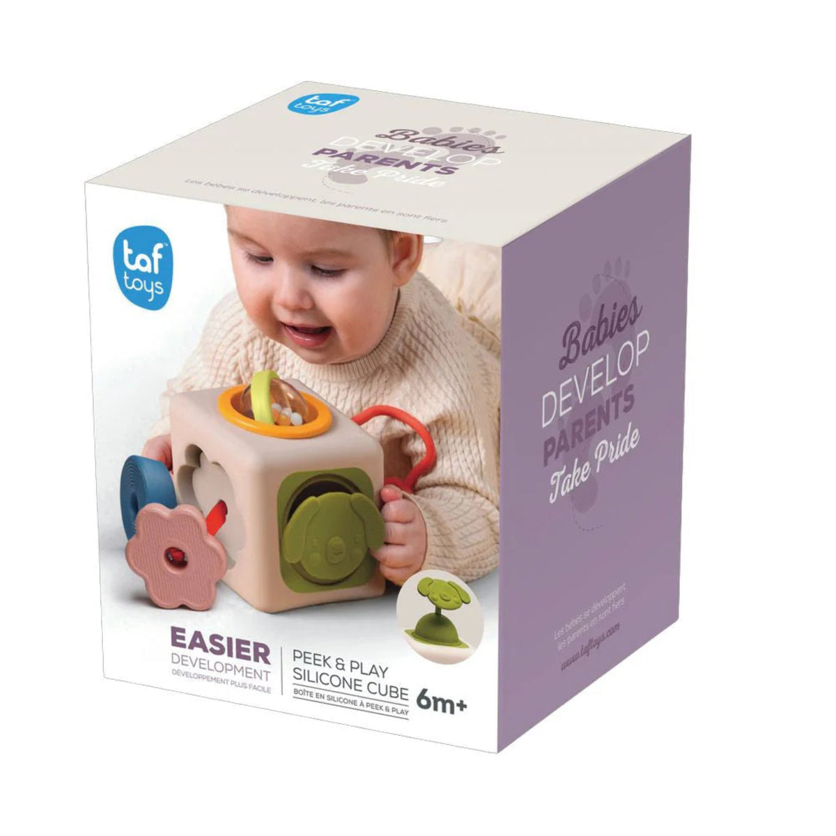Taf Toys Peek & Play Silicone Cube packaging featuring a baby playing with the sensory toy cube.