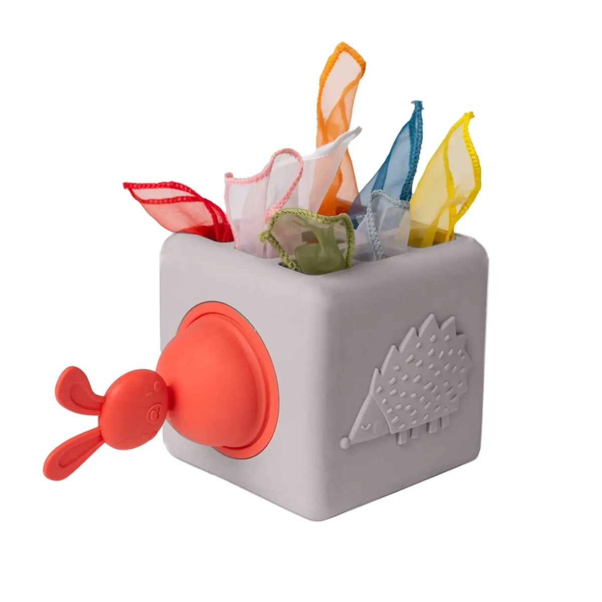 Grey pop-up tissue box toy featuring a hedgehog design, red bunny pop-up element, and colorful fabric tissues.
