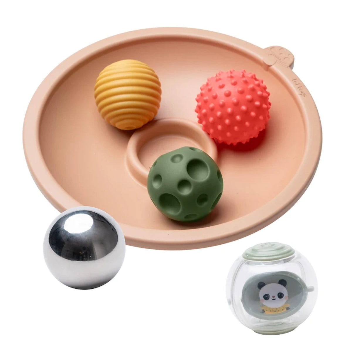 Taf Toys tummy time adventure tray set featuring textured sensory balls, a reflective ball, and a panda spinner.