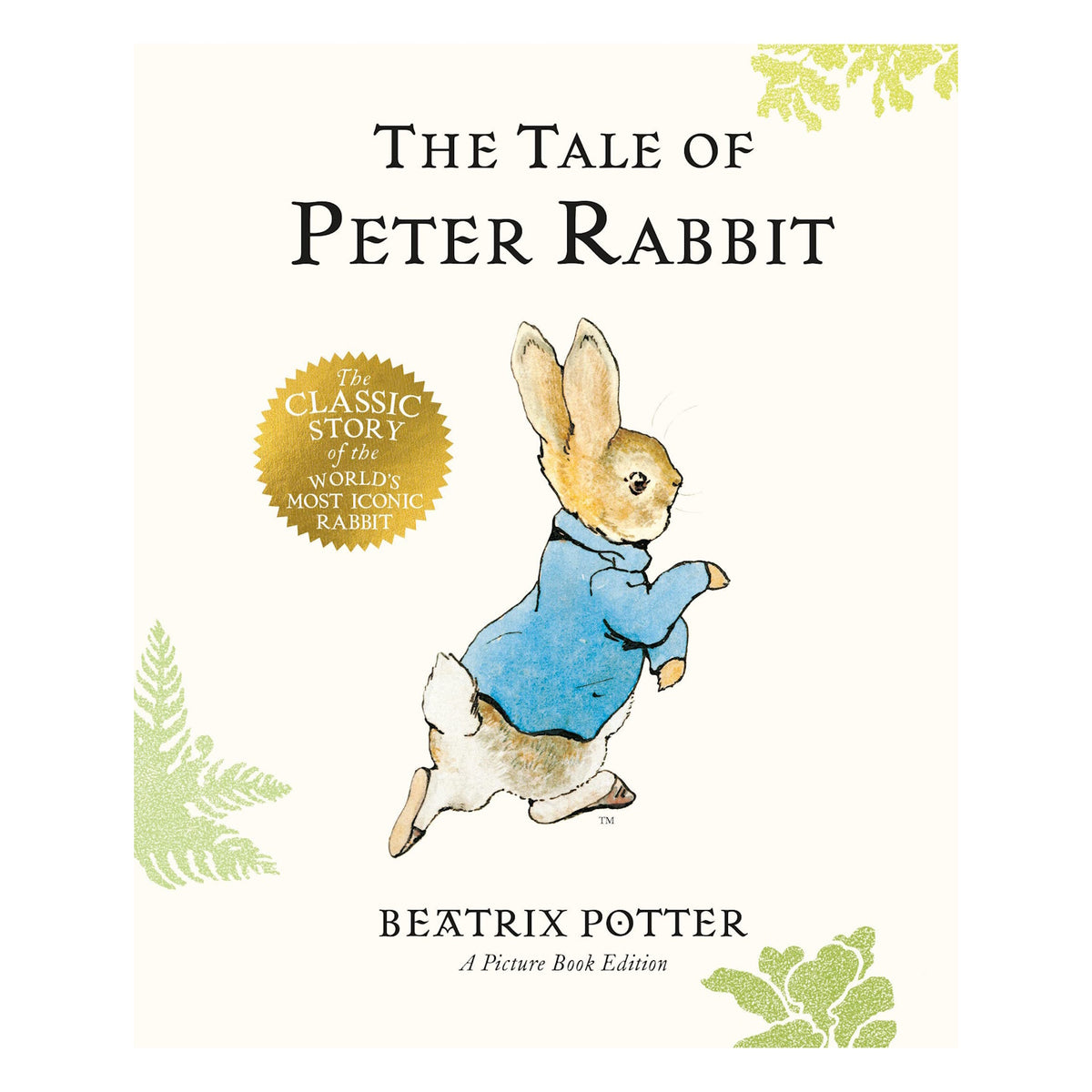 Book cover for The Tale of Peter Rabbit by Beatrix Potter, featuring an illustration of Peter in his blue jacket.