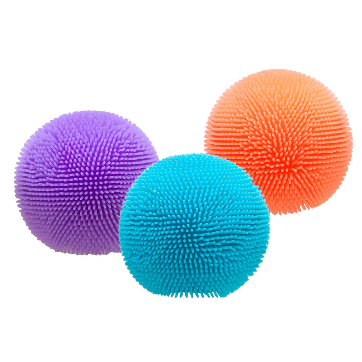 Three textured, rubbery Teenie Nee-Doh Fuzz Balls in purple, blue, and orange on a white background.