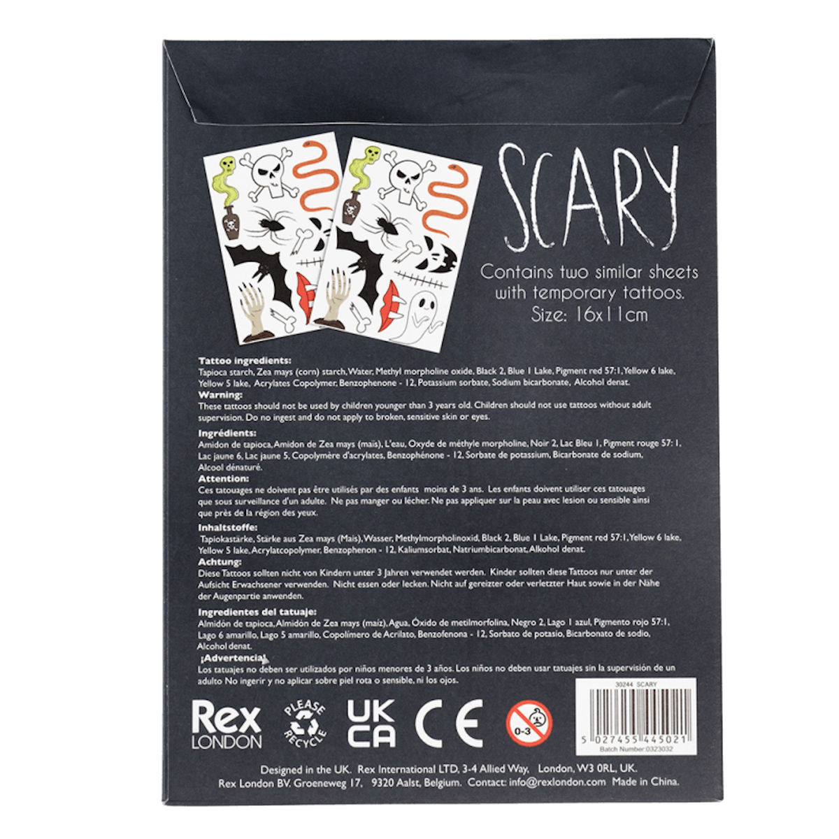 Back of black packaging for Scary temporary tattoos with product details and safety warnings.