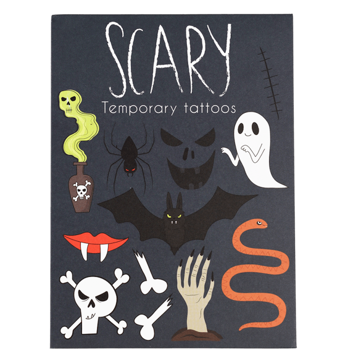 Front of Scary temporary tattoos black packaging with spooky illustrations of a ghost, bat, and skull.