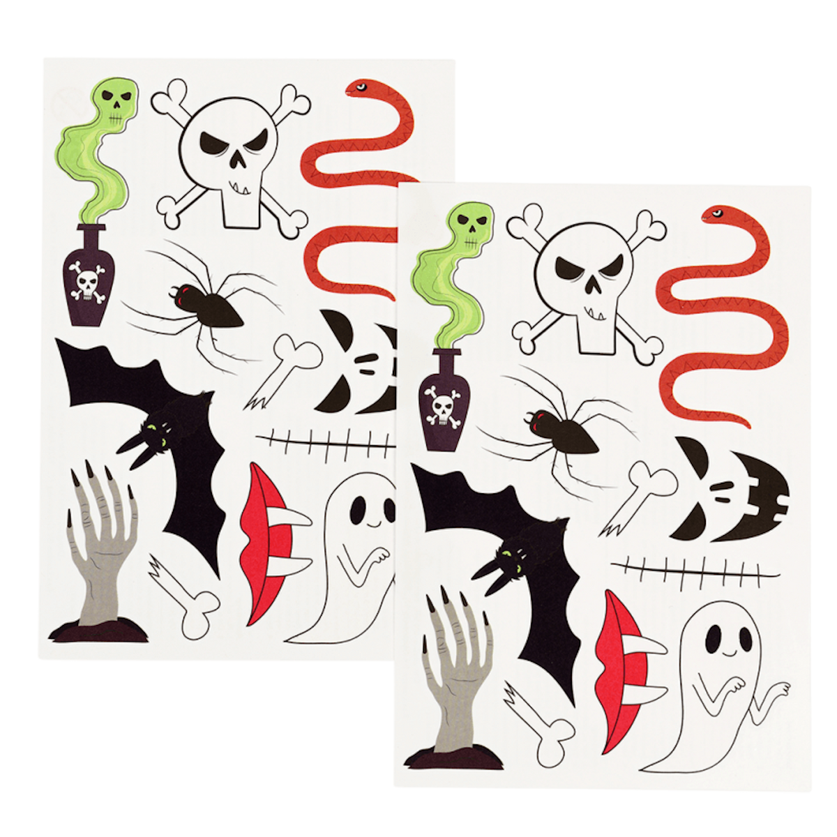 Two sheets of Halloween temporary tattoos featuring spooky illustrations like skulls, bats, and ghosts.
