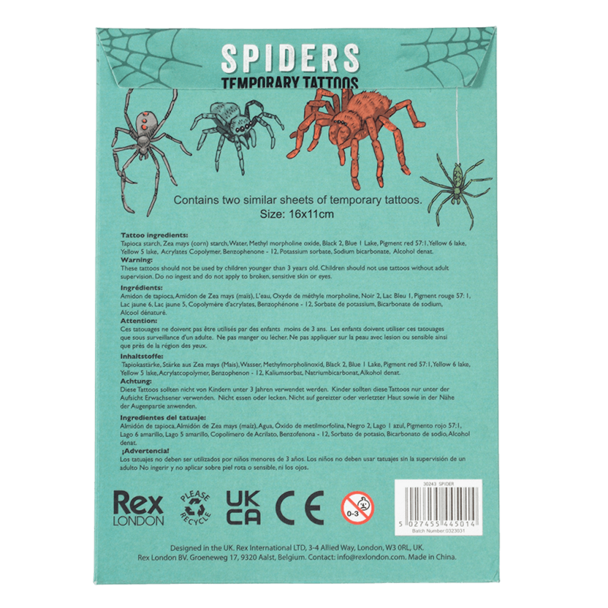 Back packaging view for spider temporary tattoos, including ingredients list and safety details.