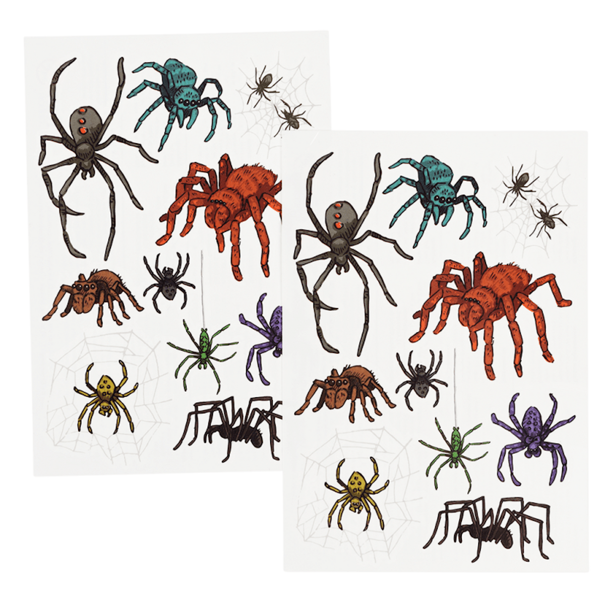 Two sheets of realistic temporary tattoos featuring colorful spider and web designs.