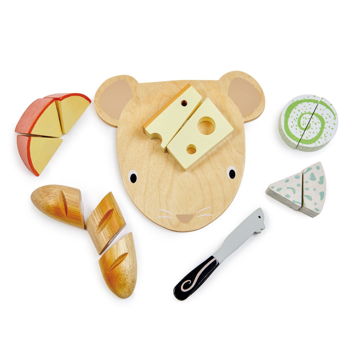 Wooden mouse chopping board, toy knife, and wooden play food on white.