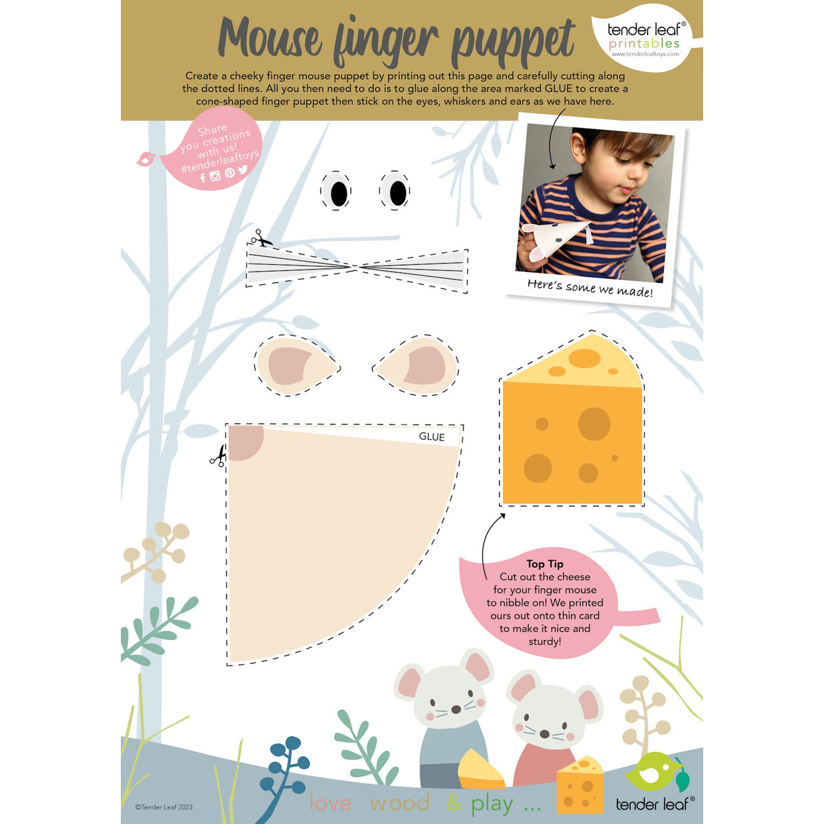 Printable template sheet for a Tender Leaf mouse finger puppet and toy cheese piece.