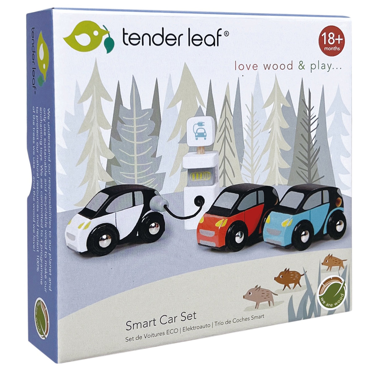 Packaging box for Tender Leaf Smart Car Set showing colorful toy cars and charging station.