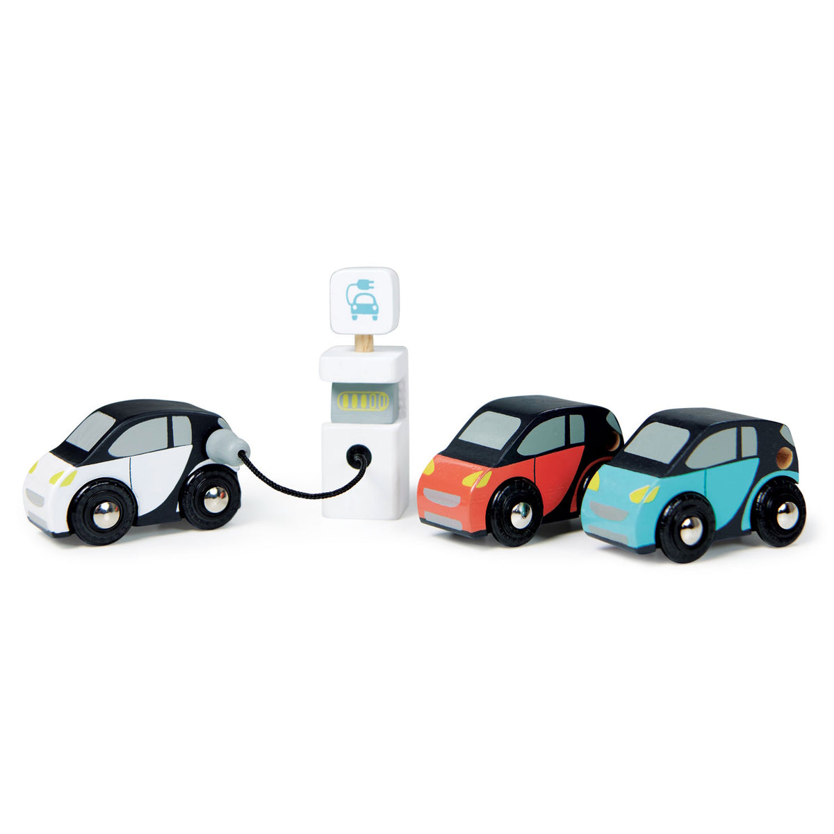 Wooden toy set with three colorful toy cars and an electric charging station.