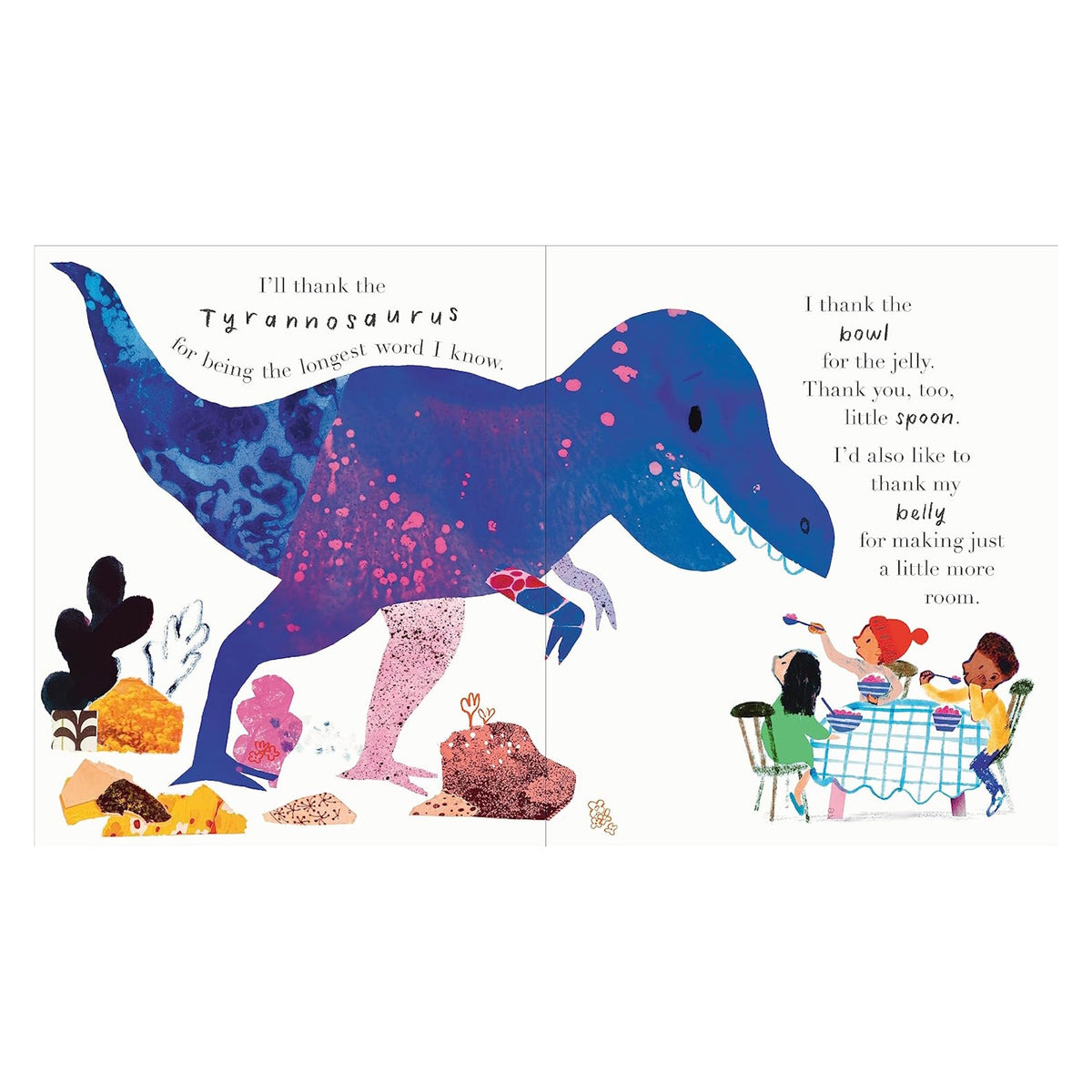 Children's book illustration of a purple Tyrannosaurus Rex next to three children eating jelly at a blue checkered table.
