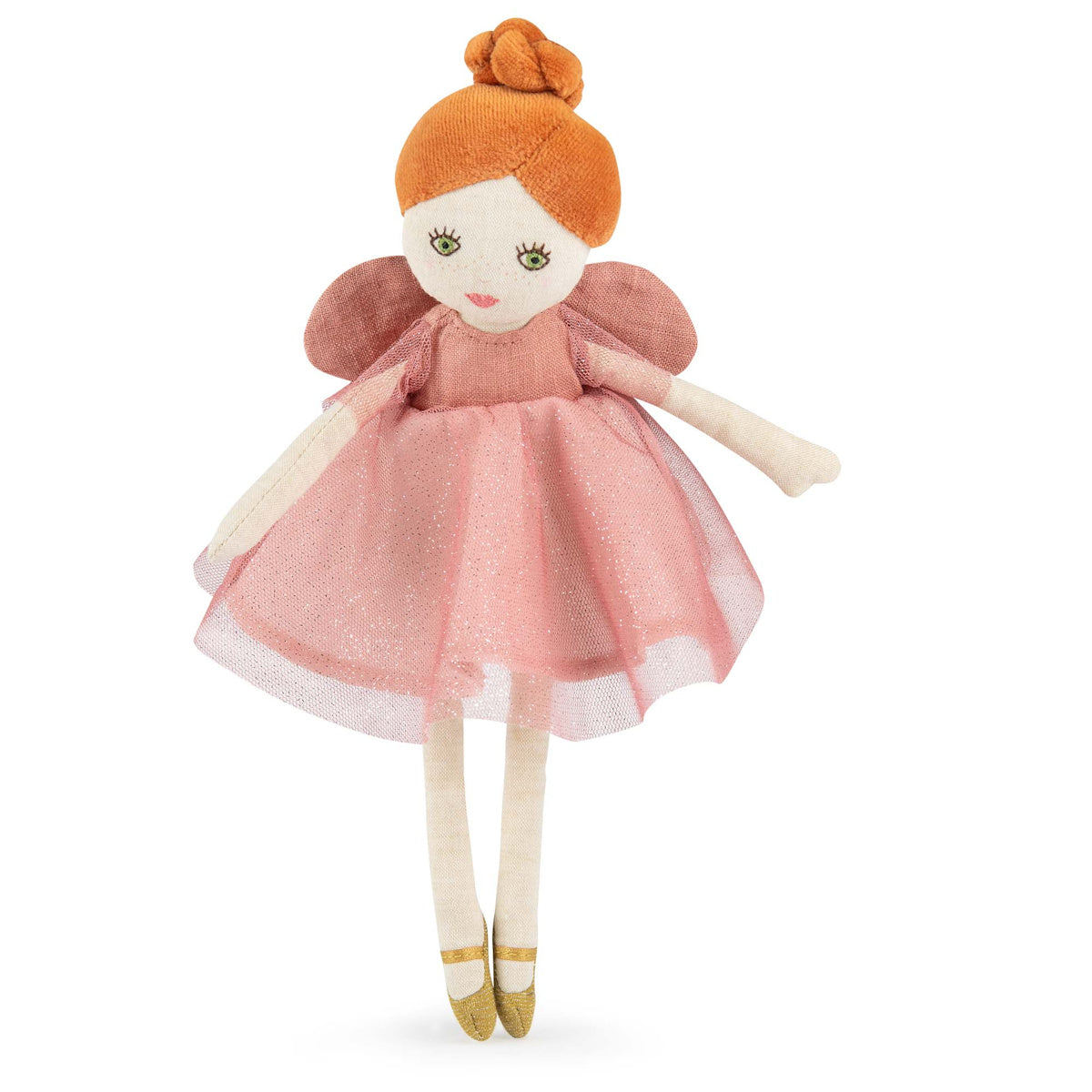 Soft doll with orange hair in a bun, wearing a glittery pink dress and wings. The doll has an embroidered smile and exudes a whimsical, gentle charm.