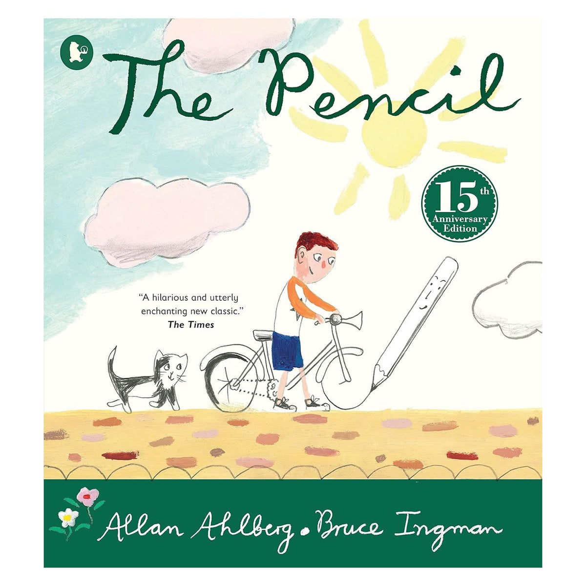 Front cover of The Pencil children's book by Allan Ahlberg, featuring a boy on a bicycle and a smiling pencil character.
