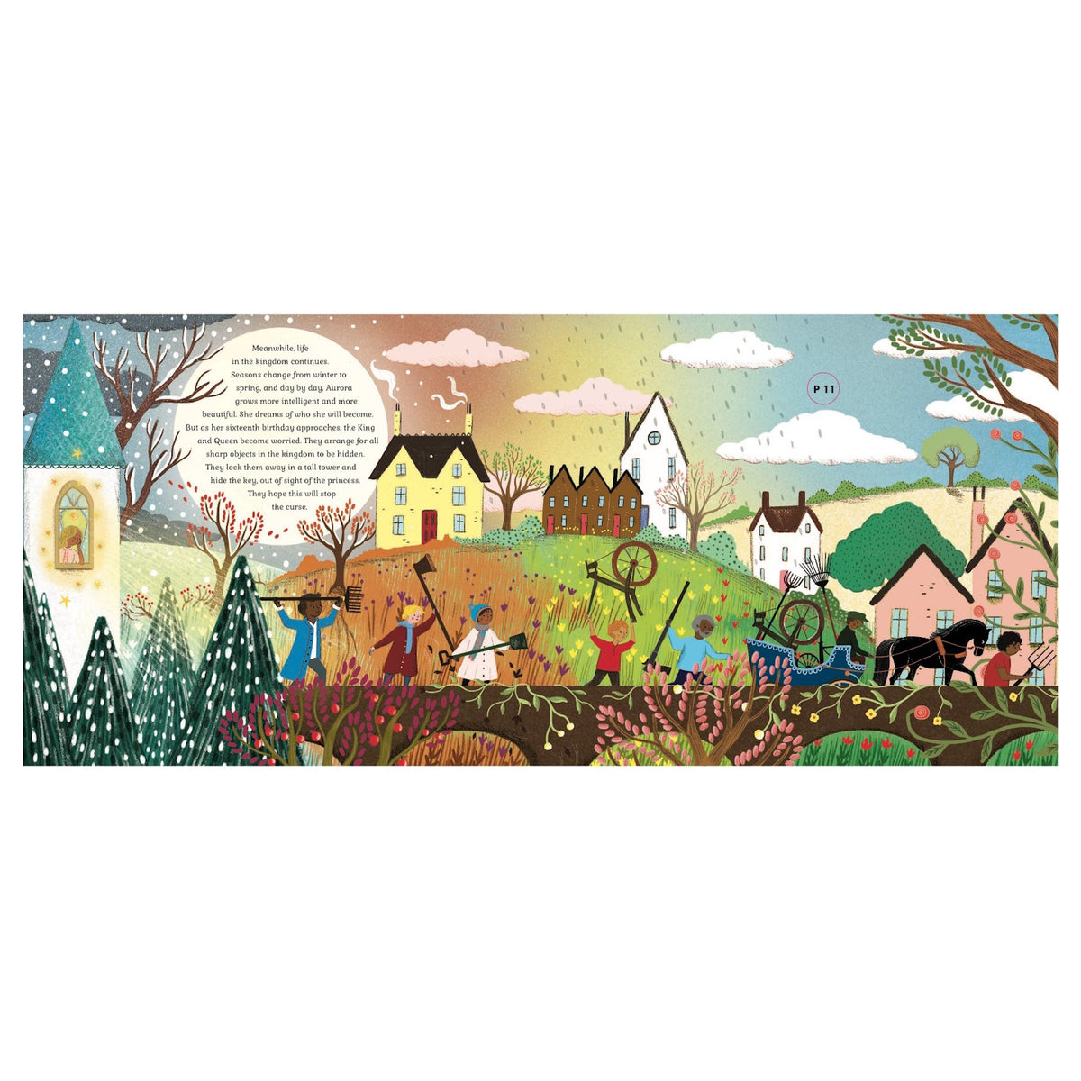 Colorful illustration of a vibrant village scene in early spring. Villagers walk on a path carrying tools, surrounded by blooming trees and quaint houses.