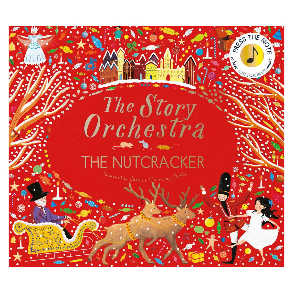 Cover of "The Story Orchestra: The Nutcracker" book. Vibrant red with festive illustrations, including a ballerina, reindeer, toy soldier, and sleigh.