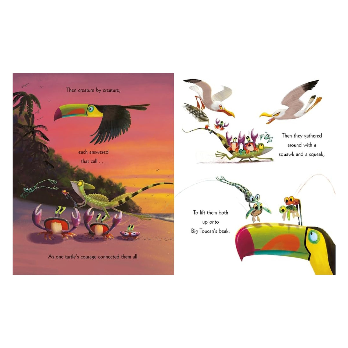 Children's book spread showing a toucan, crabs, lizard, seagulls, and turtles gathering on a tropical beach at sunset.