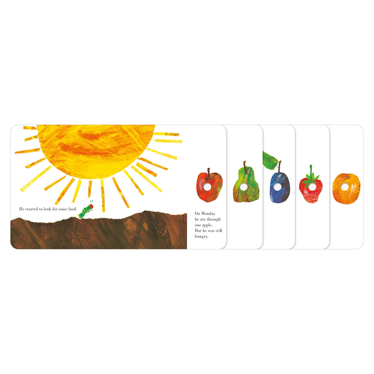 A vibrant illustration shows a large yellow sun above a small green caterpillar on a brown hill. To the right, colorful fruits appear with bite marks: an apple, pear, plum, strawberry, and orange. The scene feels playful and dynamic.