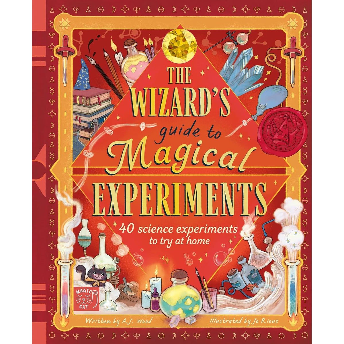 Cover of "The Wizard's Guide to Magical Experiments" features colorful potions, a wand, and candles, with a whimsical and enchanting theme.