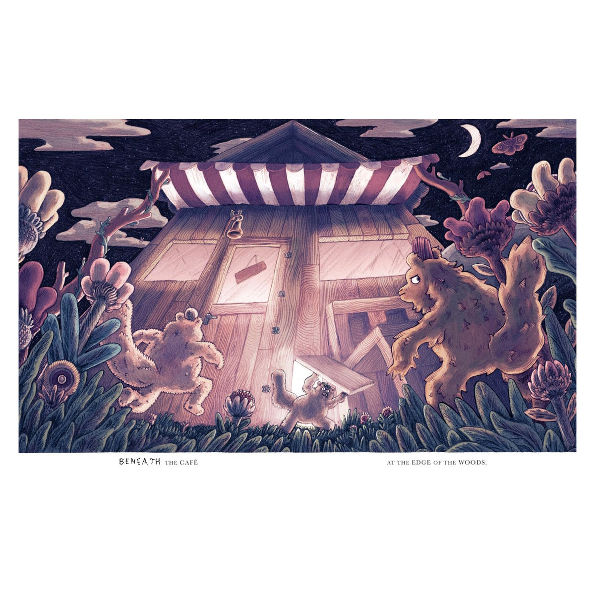 Illustrated book page showing creatures outside a lit cafe at the edge of the woods at night.
