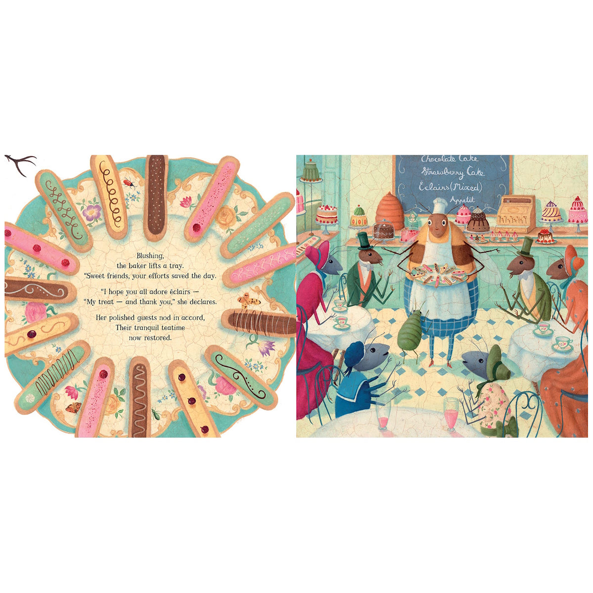 Whimsical illustration of an insect baker serving éclairs to well-dressed bug guests in a charming bakery café.